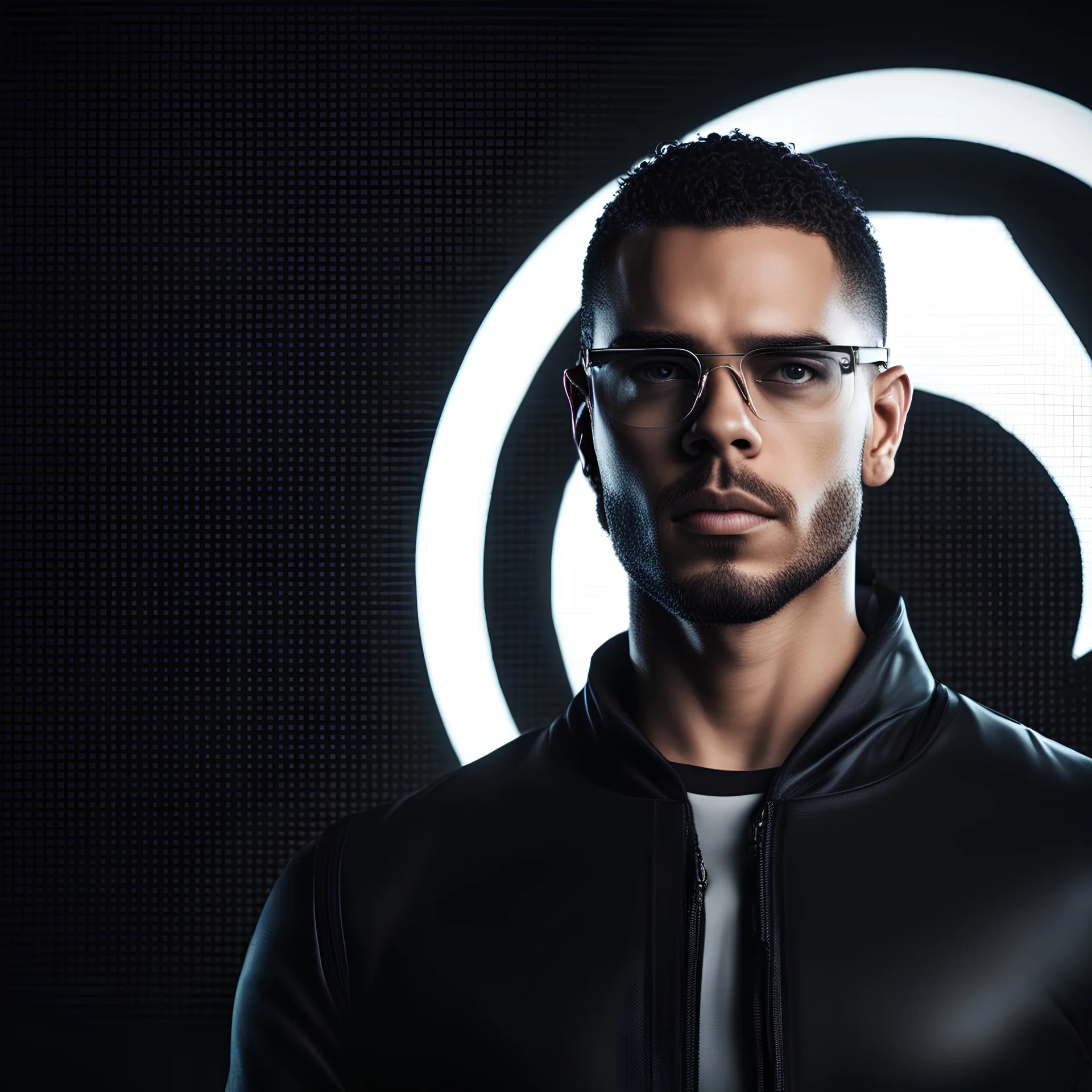 DJ Afrojack The beard glasses manin a mega cool white iron super suit with on his arms and shoulders, hdr, (intricate details, hyperdetailed:1.16), piercing look, cinematic, intense, cinematic composition, cinematic lighting, color grading, focused, (dark background:1.1)