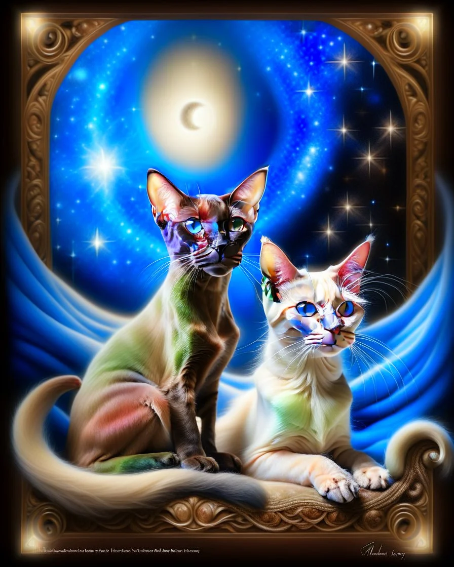 An airbrushed oil watercolor painting depicts an Oriental Shorthair Siamese cat with striking blue eyes and a fluffy tail, radiating a gentle halo above its head. Beside the cat sits a mature woman with silver half-long hair, styled in soft waves, gazing serenely forward from a comfortable armchair. Beneath them, elegant script reads "I will look at the stars every night hoping I will find you there". The background features a warm, soft-focus depiction of a night sky filled with twinkling stars