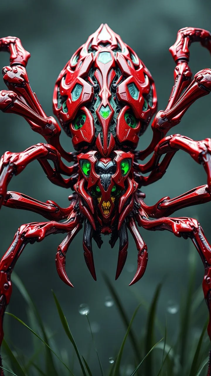 A dynamic front view showcasing the fusion of iron elements, depicting a fully red bones-spider , Its intricate mechanisms are driven by interlocking blade and complex mechanical blade embedded throughout its glass frame. mist-grass eating leaf