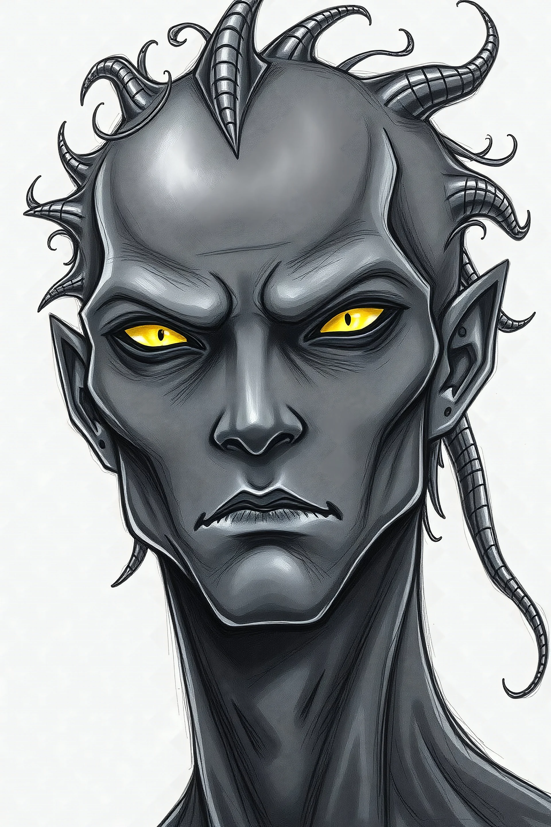 Handsome masculine Humanoid creature with pitch black skin, yellow slitted pupil eyes, tentacle hair. Drawn