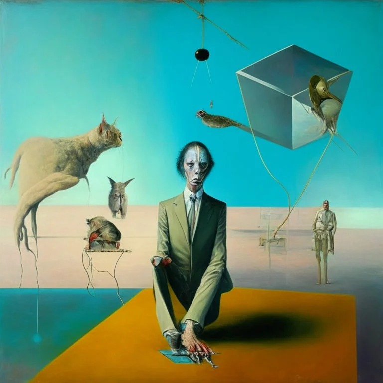 UN conference.a cat and human flesh-like surgical instruments and universe-like a pigeon and neuralink, surrealism,minimalism,Painting By Adrian Ghenie, Rene Magritte, Salvador Dali, Lucian Freud