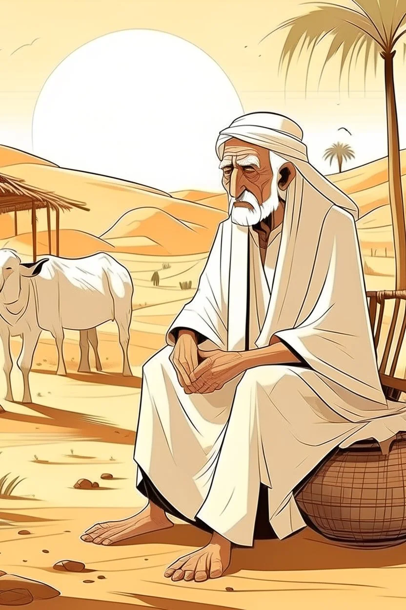 Old man, Arab, turban, white clothes, cattle, desert, council, sun, palm trees, mud houses, holding a stick, looking forward, a very slight smile.cartoon,Sitting on a chair,long beard