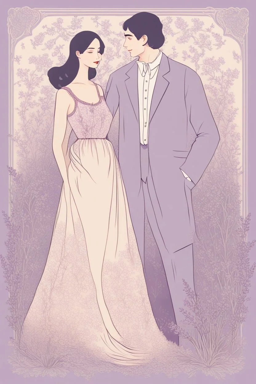 an illustration of a Beautiful woman AND MAN stands gracefully in an elegant, flowing lavender dress adorned with delicate floral patterns and lace. The backdrop behind her transitions from cream at the bottom to soft hues of lavender at the top, creating a whimsical and almost magical atmosphere. To her right, a piece of lined paper appears, as if torn from a notebook. The borders of this paper are embellished with beautiful flowers,