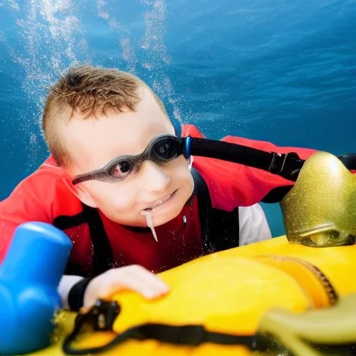 a boy diving in the ocean with diving gear and finds treasure chest, photo realistic, bright, happy