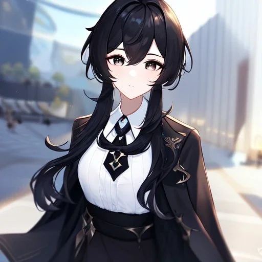 Clear focus, High resolution, short black hair, black eyes, wearing a black jacket and a white shirt, wearing a black skirt, 1girl, Genshin impact, long locks, long eyelashes, black tie