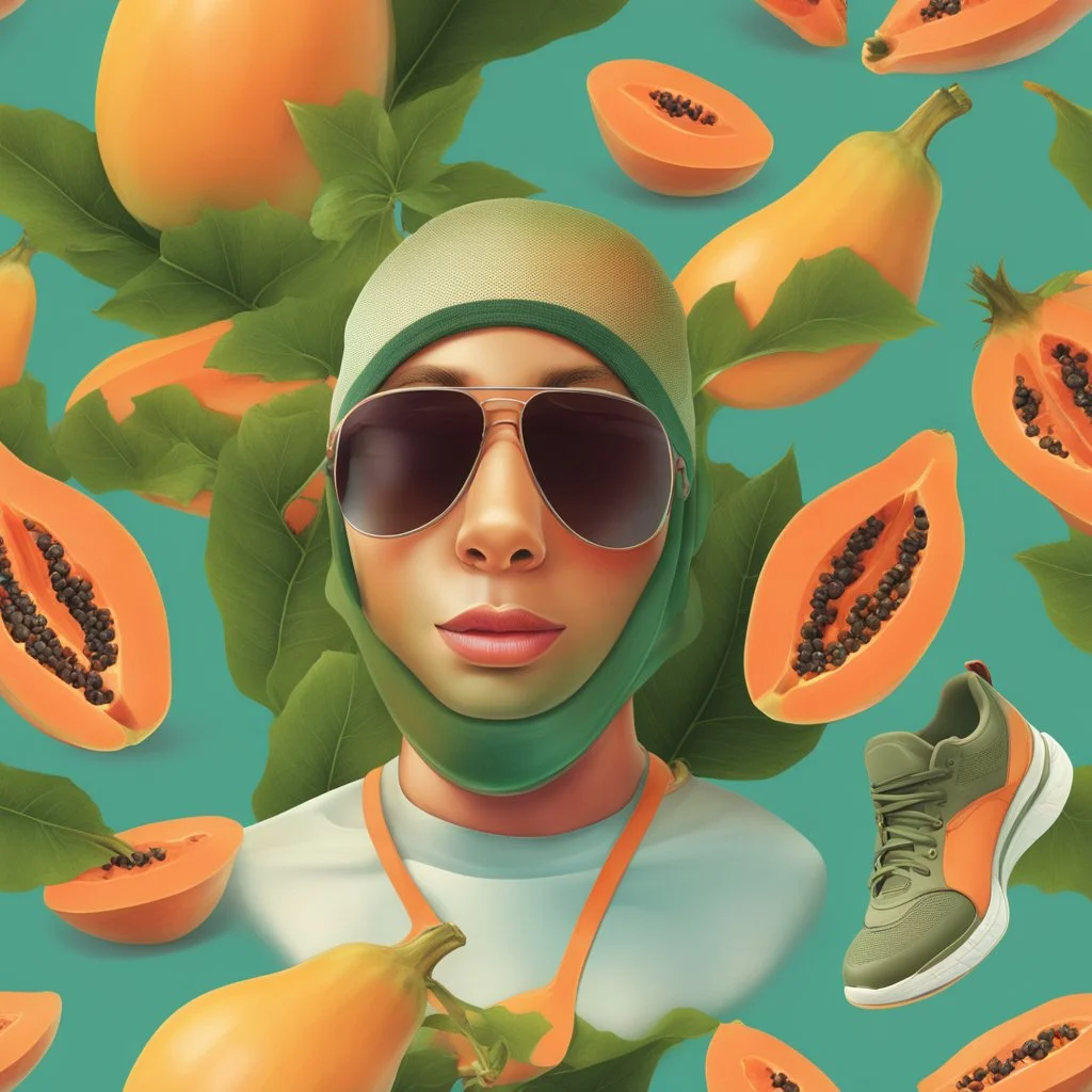 Ilustración de una papaya con cara humana, zapatos tenis y gorra, clima de verano, calidad ultra, hiperdetallado, 8k, 3d, colores complementarios