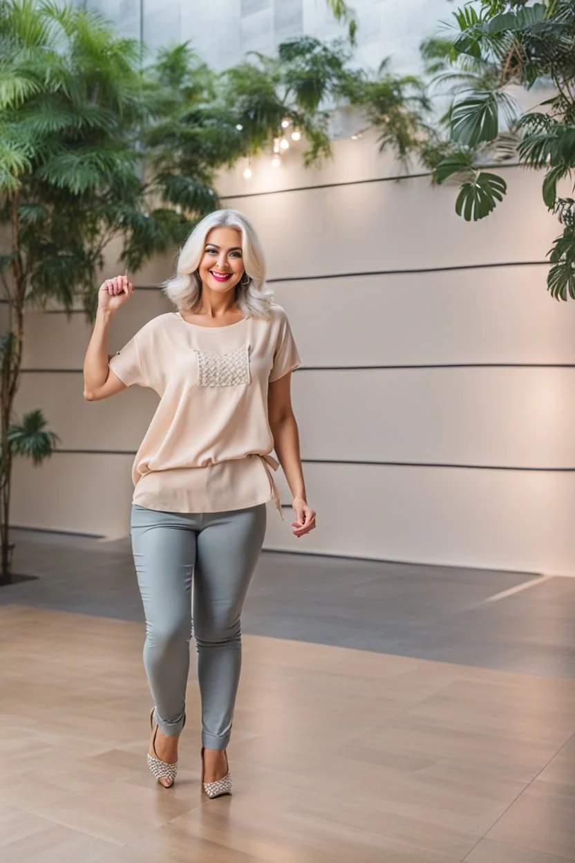 full body of very beautiful girl wearing pants and blouse ,white gray hair ,standing idle happy pose in studio pretty makeup