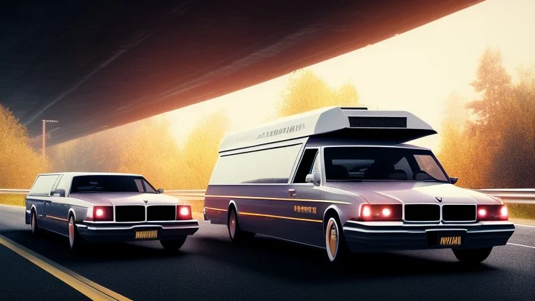 the funeral buss driving on the freeway, perfect composition, hyperrealistic, super detailed, 8k, high quality, trending on artstation, studio photo, highly detailed, wide borders