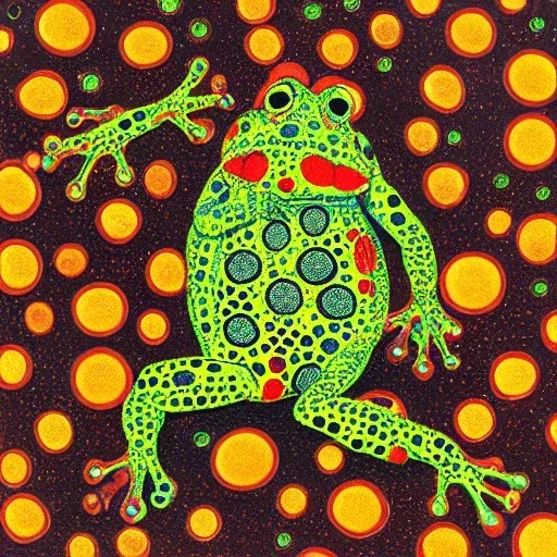 frog sitting on planet Yayoi Kusama