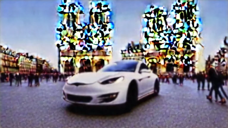 A Tesla's 'Model S Plaid' is racing at top speed, by the Notre-Dame Cathedral, in Paris. CINEMATIC. WIDE ANGLE LENS. PHOTO REAL.