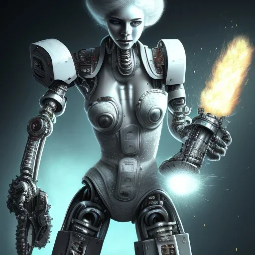 40K robot girl with chainsaw as a hand, brutal warr, scify, dark , flames