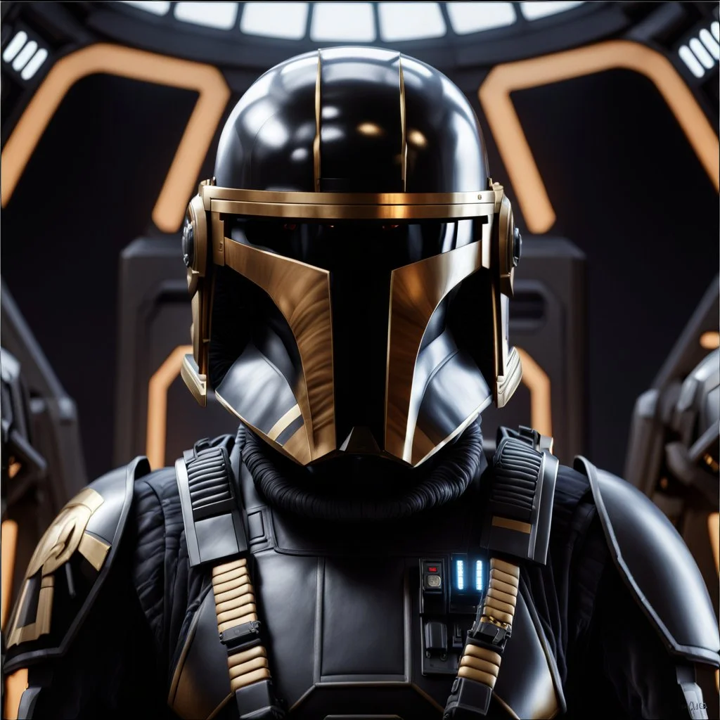 star wars bald male corellian pilot wearing dark gunmetal grey and black First Order special forces TIE pilot armored flightsuit and helmet with gold trim inside the jedi temple, centered head and shoulders portrait, hyperdetailed, dynamic lighting, hyperdetailed background, 8k resolution, volumetric lighting, light skin, fully symmetric details