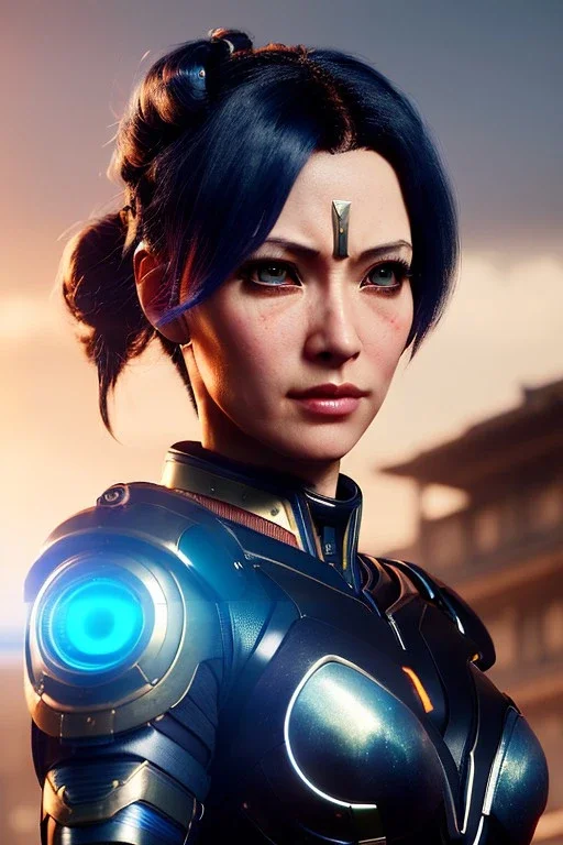 Middle age female Cyborg anime warrior, dark blue hair, greying hair, ponytail hairstyle, orange eyes, waist up portrait, 4k resolution, intricate details, ornate details, soft lighting, vibrant colors, retroanime, masterpiece, intricate eyeliner, dark eyeshadow, futuristic cityscape background