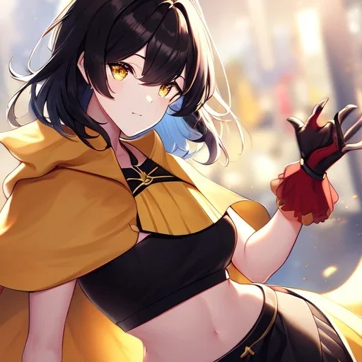 Clear focus,High resolution, Black short fluffy hair, and yellow eyes, wearing a black short skirt, sleeveless crop top, wearing long dark red gloves, yellow cloak, Holding hand out