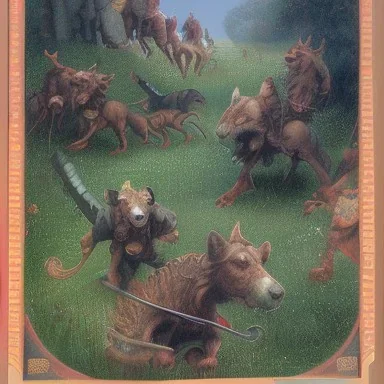 The hunters and hounds; a small part of nobles is riding out to hunt for a stag or other large animals. At least one of their hounds can be seen running ahead