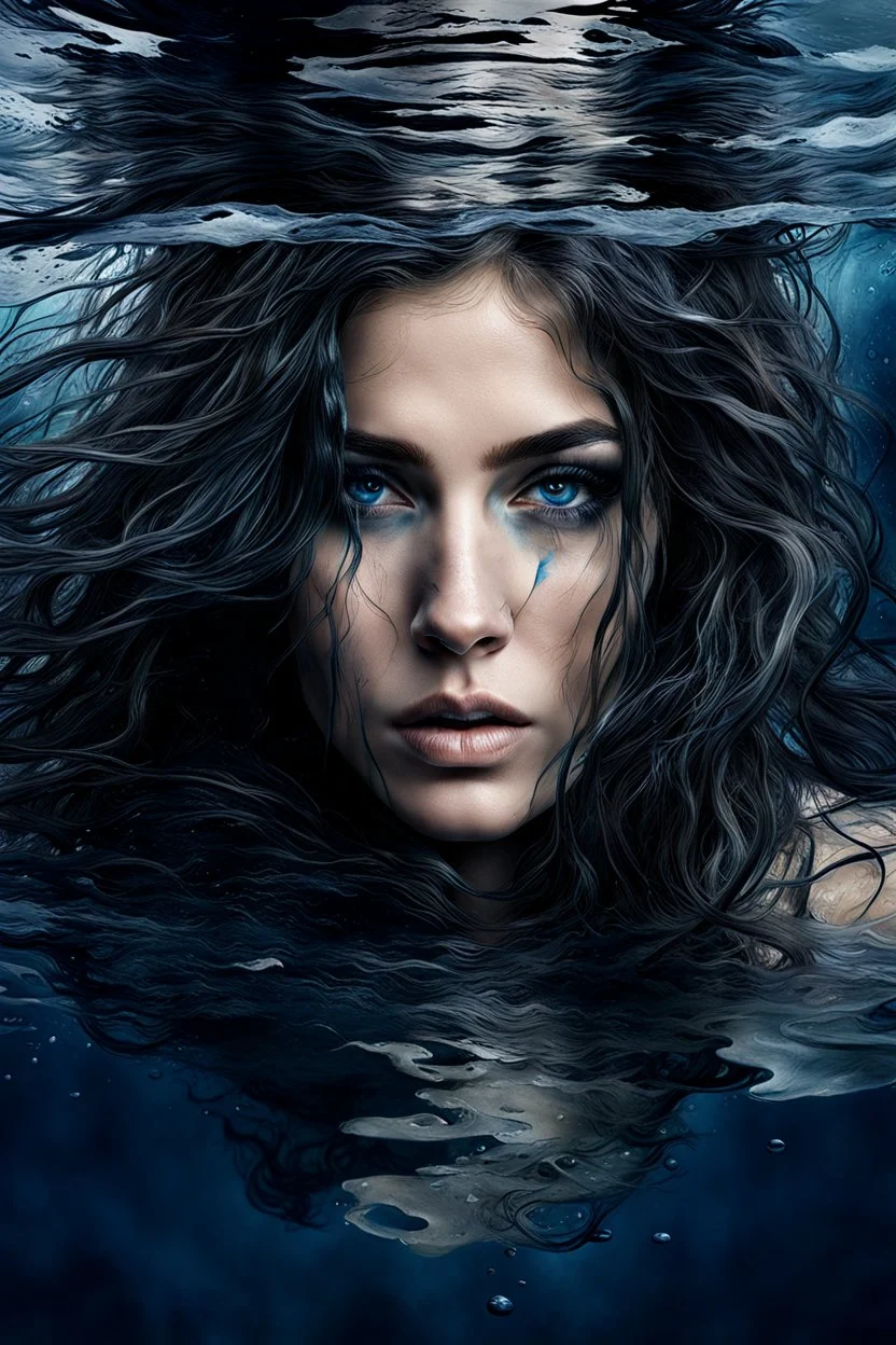 matte painting of a beautiful woman's face just under the surface of the water, close-up, sad, peaceful, beautiful, long messy hair, minimal colors, rough paint strokes, black, white, and a hint of dark blue and silver, paint strokes, insanely detailed, detailed matte painting, deep colors, intricate detail, splash screen, mystic, complementary colors