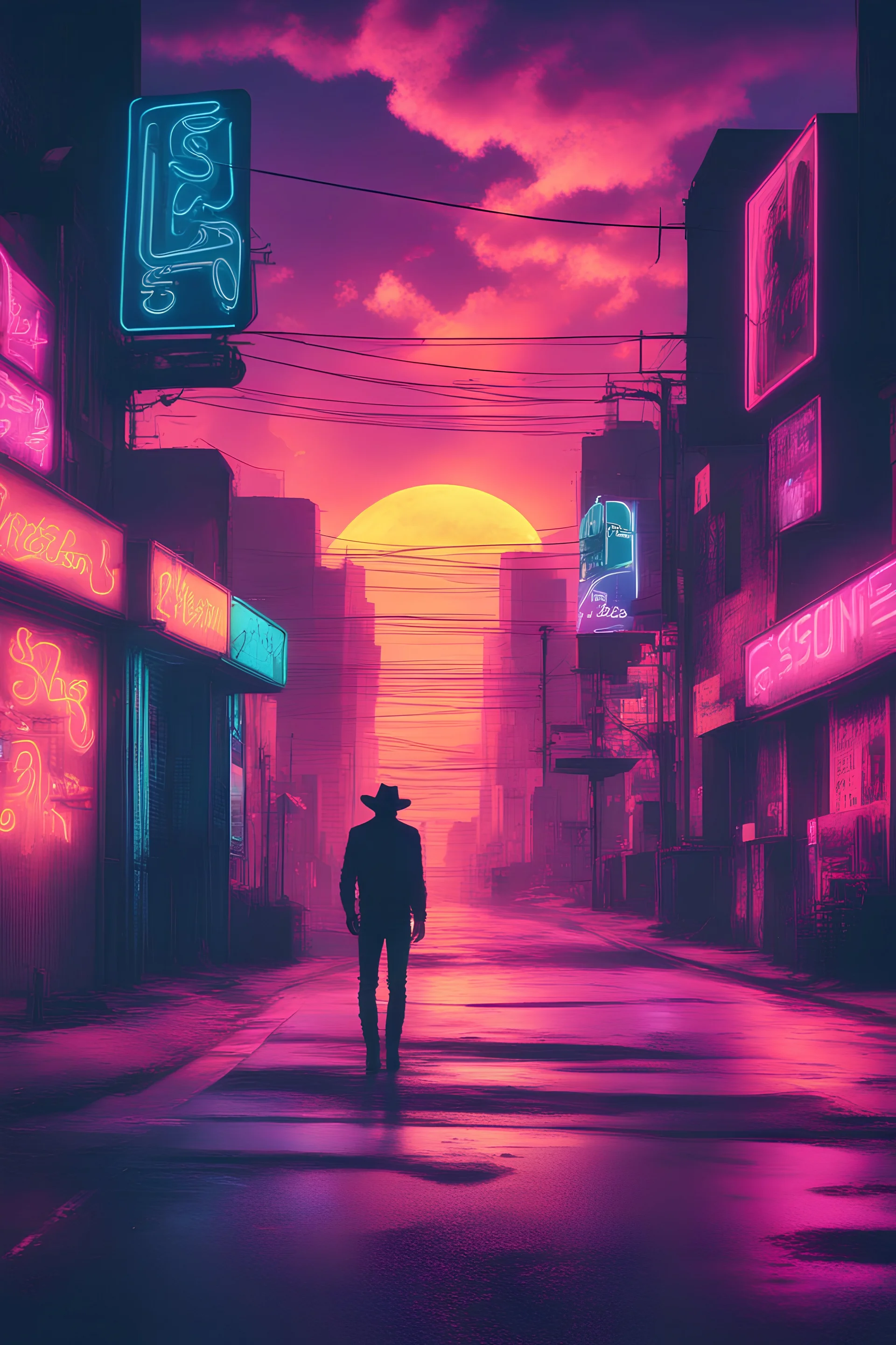 Retro wave, synth wave, with neon light, sunset, clouds, deserted street, neon signs, cowboy