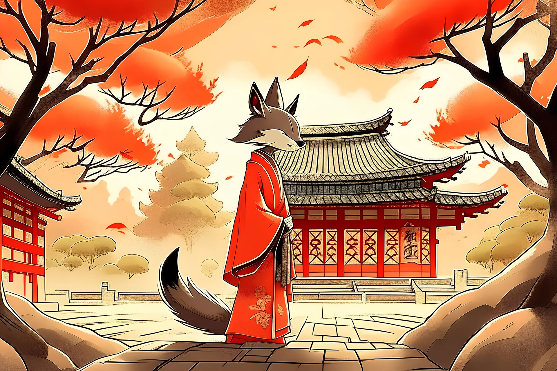 woman yokai, kitsune, japanese kimono, temple, forest