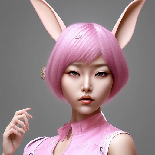 Asian woman, leaning pose, rabbit mask, pink short hair, latex suit, highly detailed,