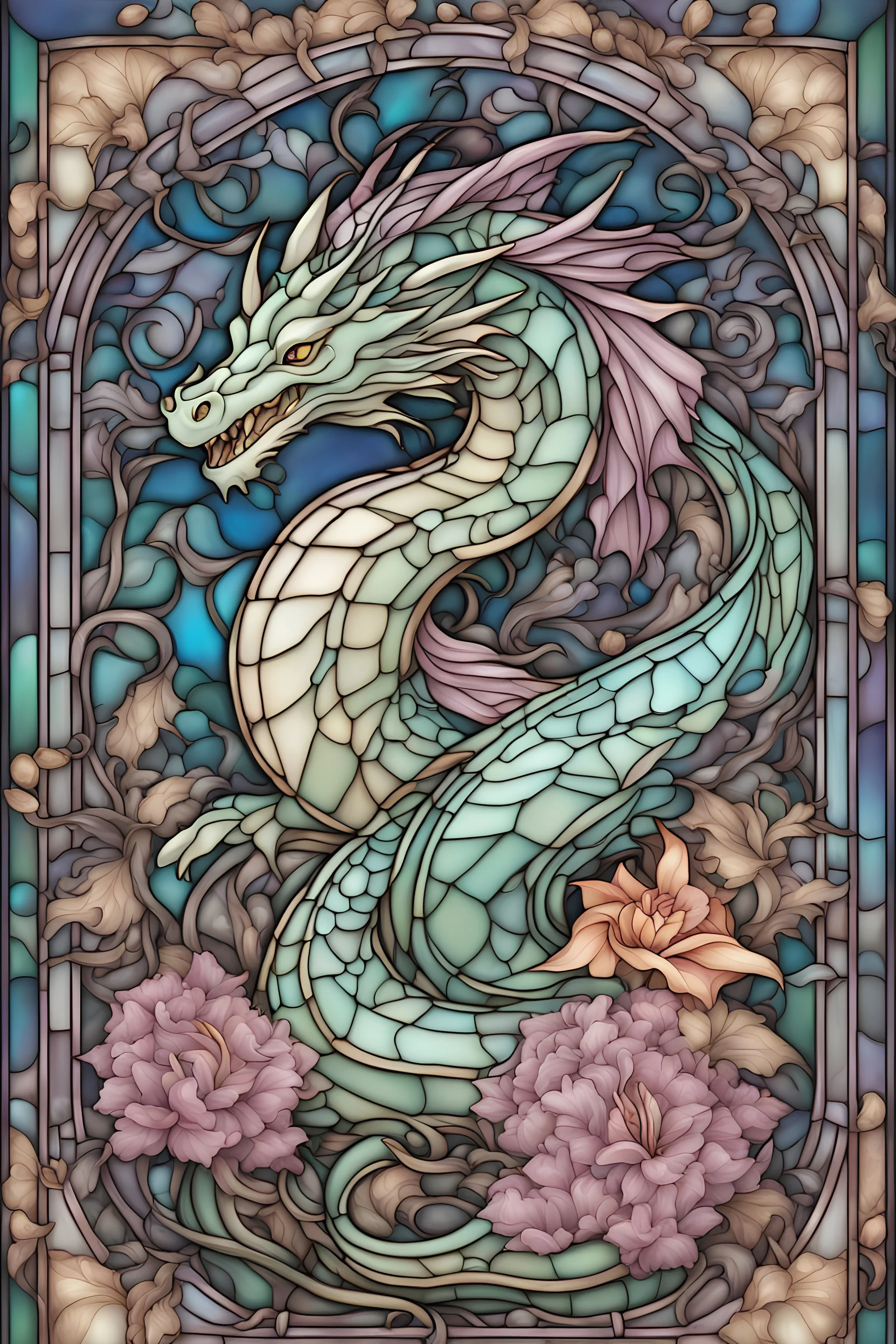 stained glass window design of an overwhelmingly dragon framed with vector flowers, long shiny, wavy flowing hair, polished, ultra-detailed vector floral illustration mixed with hyper realism, muted pastel colours, vector floral details in the background, muted colours, hyper-detailed ultra intricate overwhelming realism in a detailed complex scene with magical fantasy atmosphere, no signature, no watermark