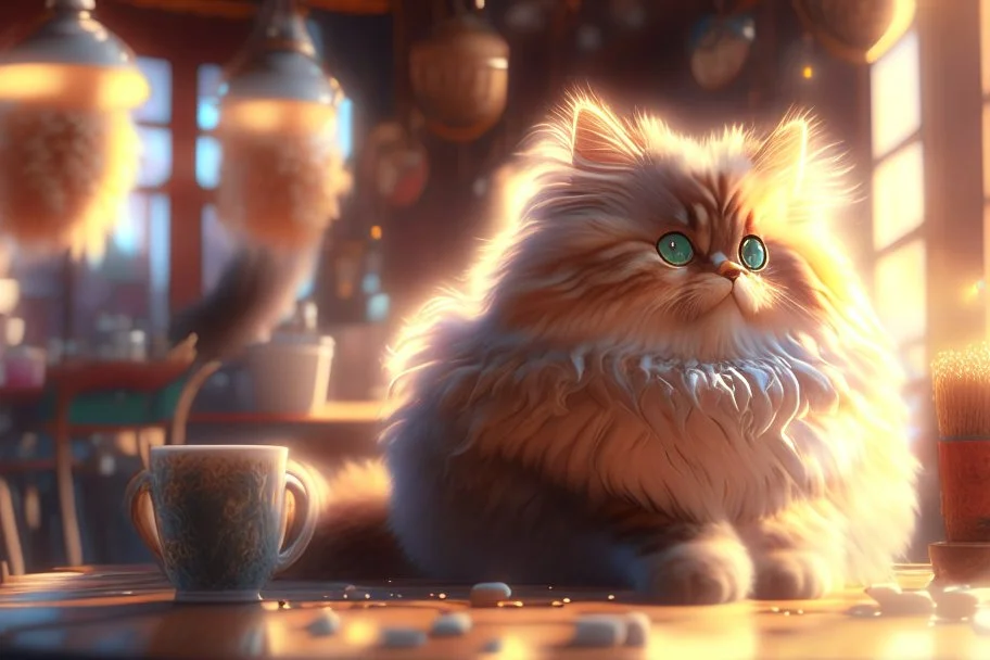 cute fluffy cat in a coffeehouse in sunshine Weight:1 detailed matte painting, deep color, fantastical, intricate detail, splash screen, complementary colors, fantasy concept art, 8k resolution trending on Artstation Unreal Engine 5 Weight:0.9