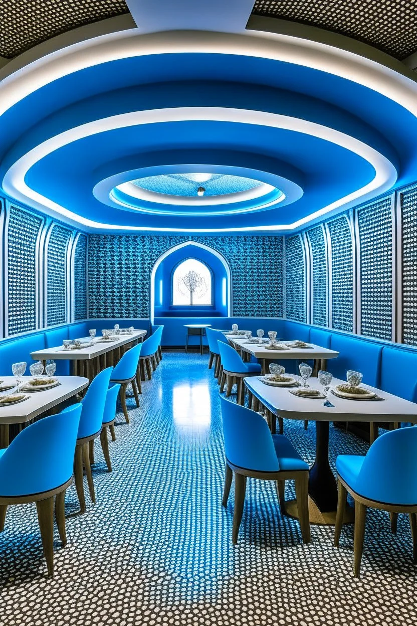 A restaurant with the outer shape of the walls in blue and a white floor. It contains one table in the middle of the restaurant, and the walls are oval in shape, containing 30 chairs.