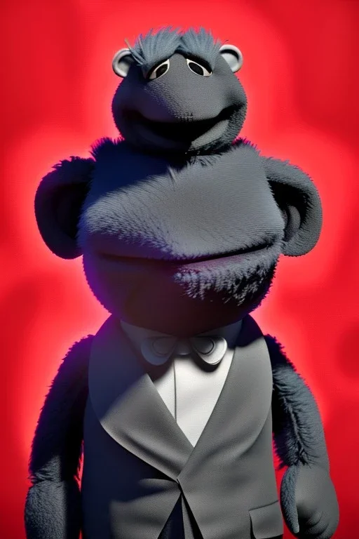 Waist up muppet Portrait, Kim Jong-un muppet doll, black suit, photo studio, red background, unreal engine 5, concept art, art station, god lights, ray tracing, RTX, lumen lighting, ultra detail, volumetric lighting, 3d.