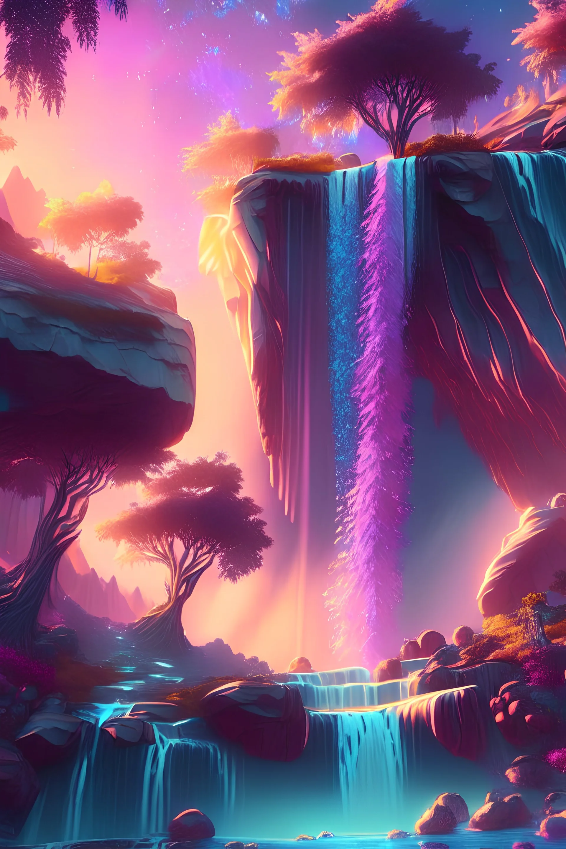 crystal cosmic and galactic ambiance hill sky waterfall sunset trees pools river surreal, full of details, smooth, bright sunshine，soft light atmosphere, light effect，vaporwave colorful, concept art, smooth, extremely sharp detail, finely tuned detail, ultra high definition, 8 k, unreal engine 5, ultra sharp focus