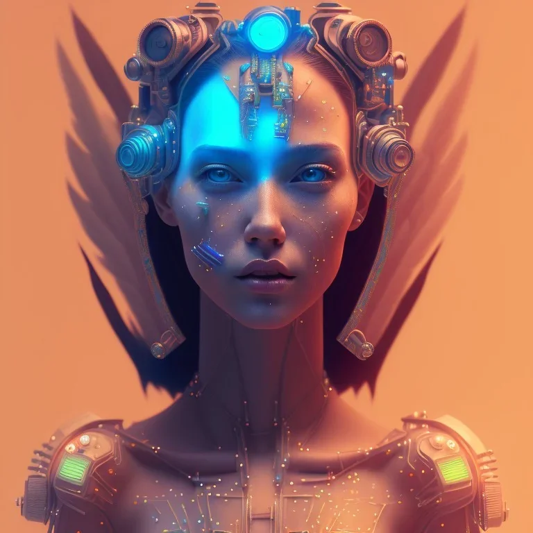 A beautiful portrait of a cute cyberpunk woman happy, grain on the skin, tribal tatoos, orange color scheme, high key lighting, volumetric light high details with white stripes and feathers full length clean art NFT, soft lighting, soft pastel gradients, high definition, blender 3d cinematic, op art, visionary art, sacred geometry, fractal, white balanced