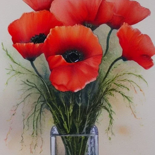 Red poppies in a crystal vase, aquarelle painting