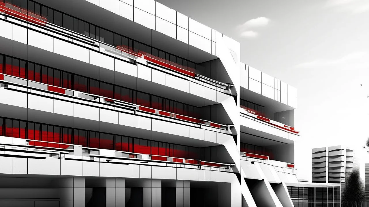 Estructura laberíntica de concreto blanco atravesada por líneas horizontales repetitivas, fachadas lisas interrumpidas por huecos negros mínimos, partes del edificio evaporándose en partículas y humo, arquitectura como objeto escultórico abstracto más que habitable, iluminación fría de atardecer reflejada sobre superficies pulidas, monocromía blanca y gris con un único acento rojo intenso, estética render cinematográfico mezclado con erosión pictórica
