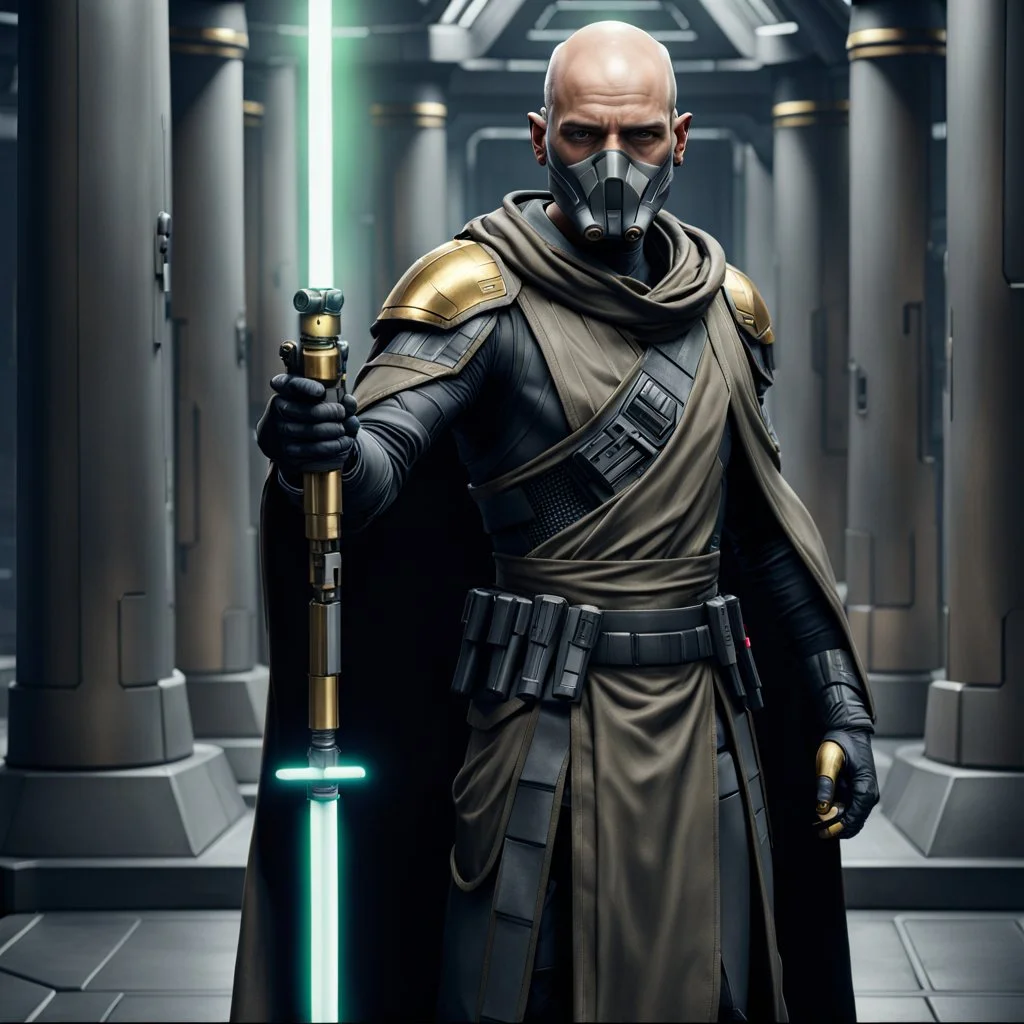 star wars bald male corellian pilot wearing pearlescent black and gunmetal grey First Order special forces heavy assault stealth commando armor and helmet with gold trim inside the jedi temple, hyperdetailed, dynamic lighting, hyperdetailed background, 8k resolution, volumetric lighting, light skin, fully symmetric details