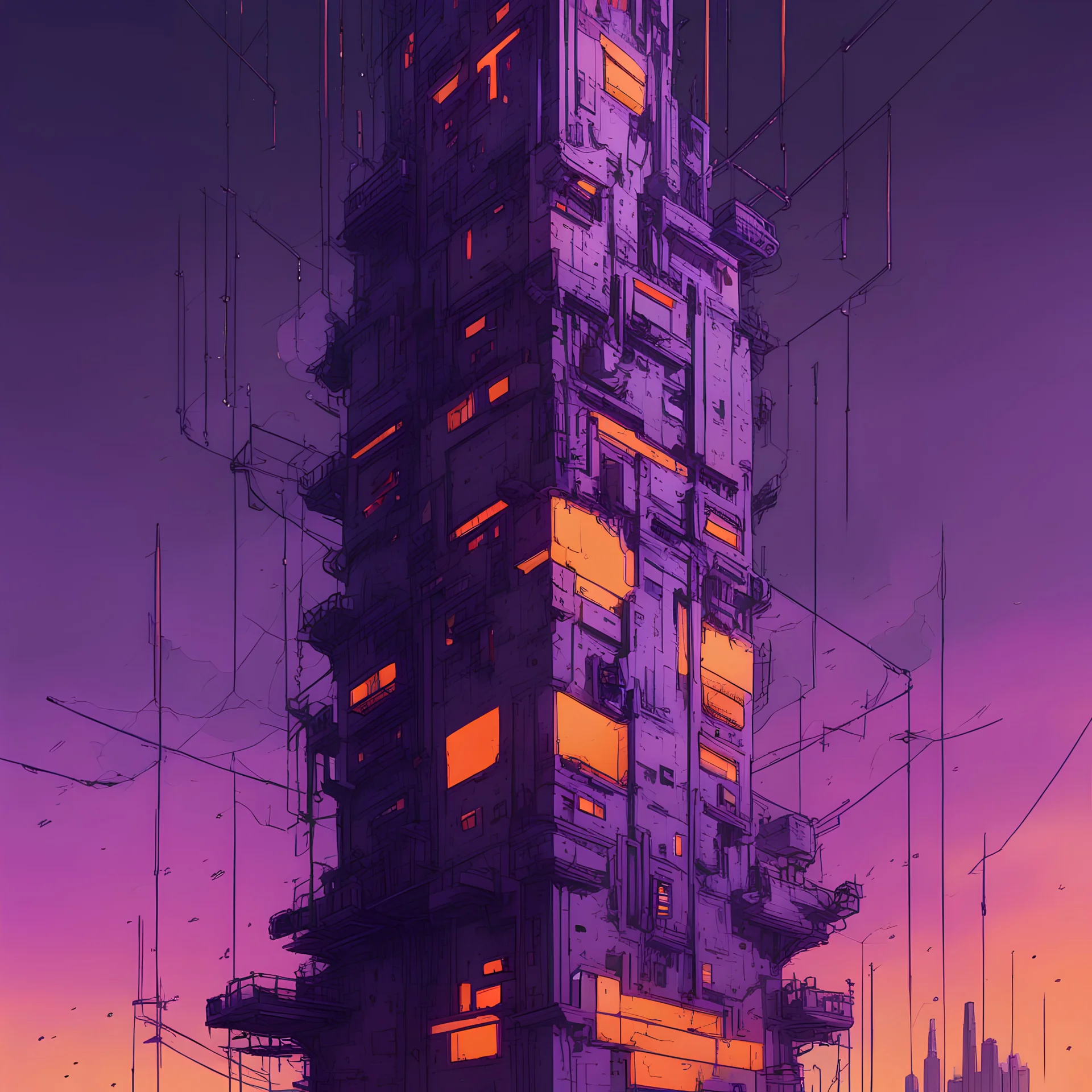 The tall tower with network cyberpunk comics style, with orange and purple