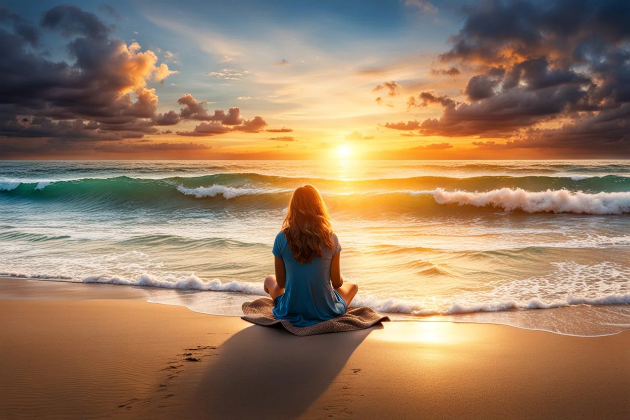 A woman is sitting on the beach near the ocean, with the waves soothing backdrop, peaceful and relaxing atmosphere, sunset, detalied, high textures, photorealistic