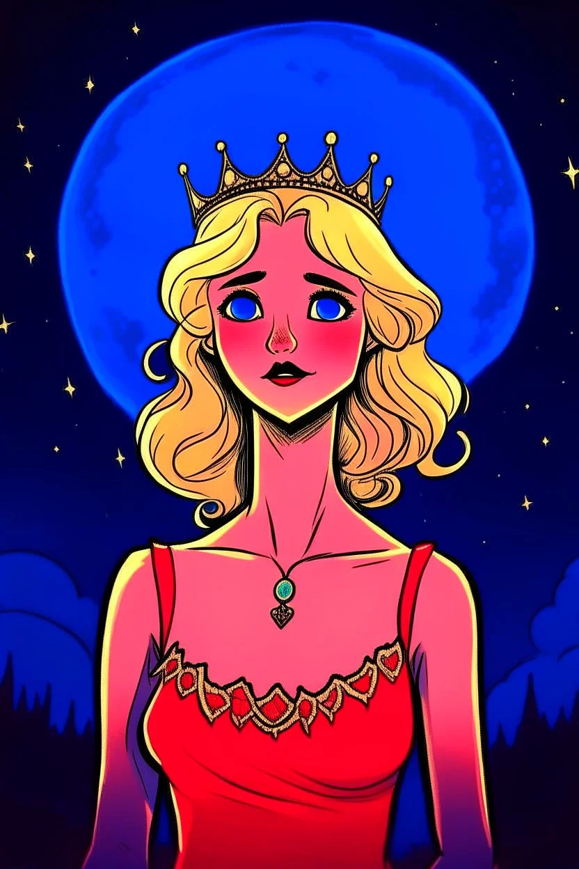 Blonde girl, white skin color, blue eyes, standing in the moonlight, handdrawn, red dress, wearing a crown,