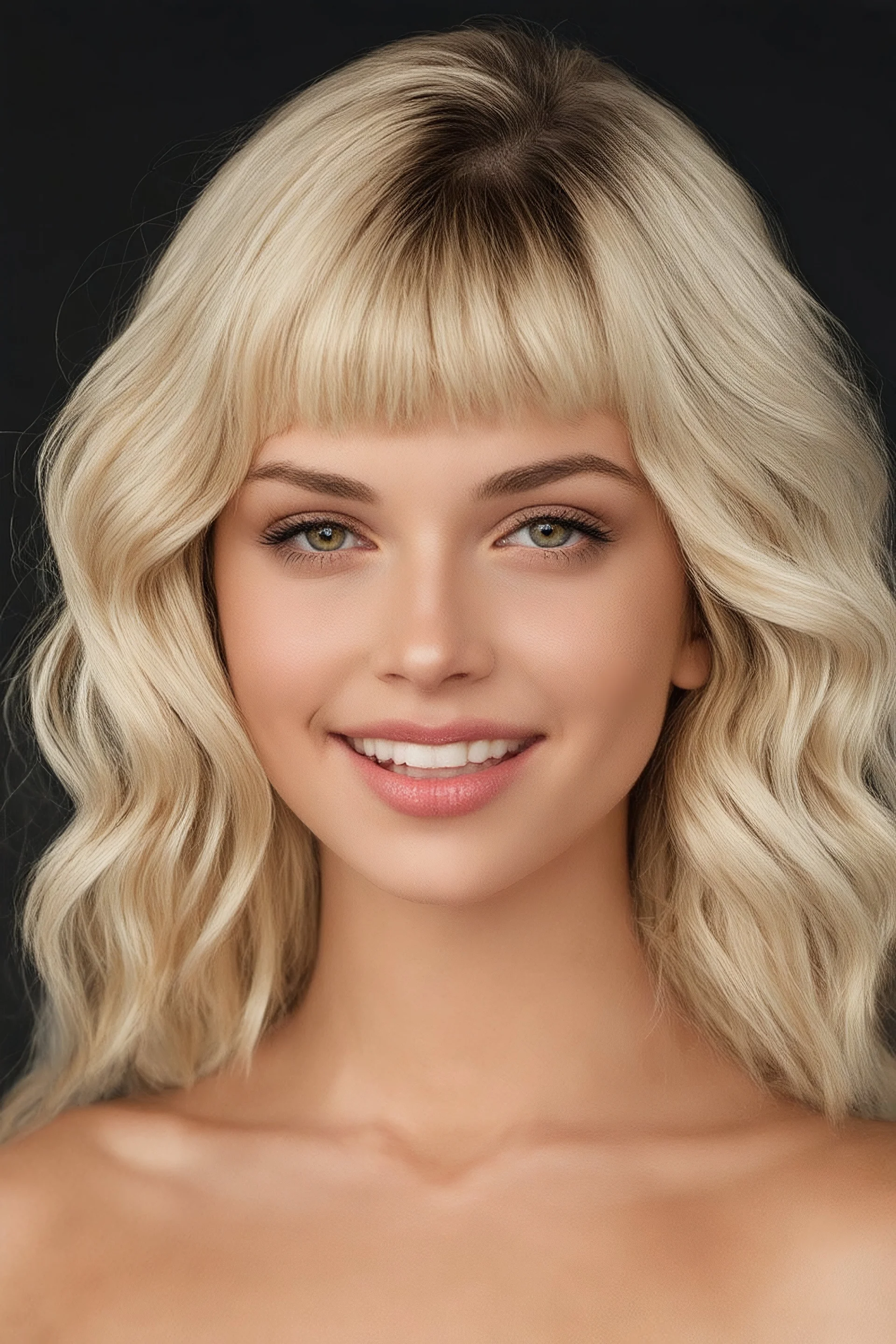 the dancing teenager, 14-year-old American actress, photorealistic 4K, cinematic lighting, heart-shaped face, porcelain fair skin with warm undertones, high cheekbones, soft peach blush, large almond hazel eyes flecked with green and amber, long curled lashes, soft arched brows, straight narrow nose with rounded tip, full lips with defined cupid’s bow, long, bleach-blonde hair with bangs mid-back length, voluminous waves, deep side part, slender hourglass frame