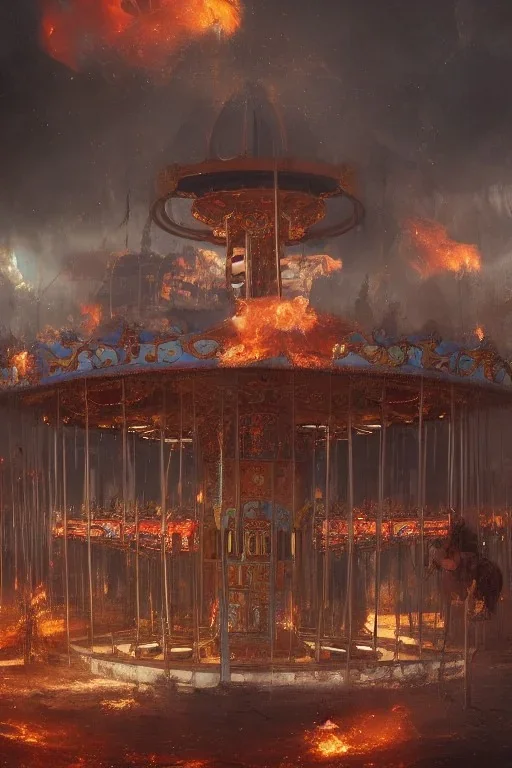 An Abandoned Carousel In Flames, Hyperdetailed, Digital Painting, Digital Illustration, Extreme Detail, Digital Art, 4k, Ultra Hd, Realistic And Natural, Detailed, Hyperrealism, Concept Art, Matte Painting, Trending On Artstation, Greg Rutkowski, Johan Grenier .