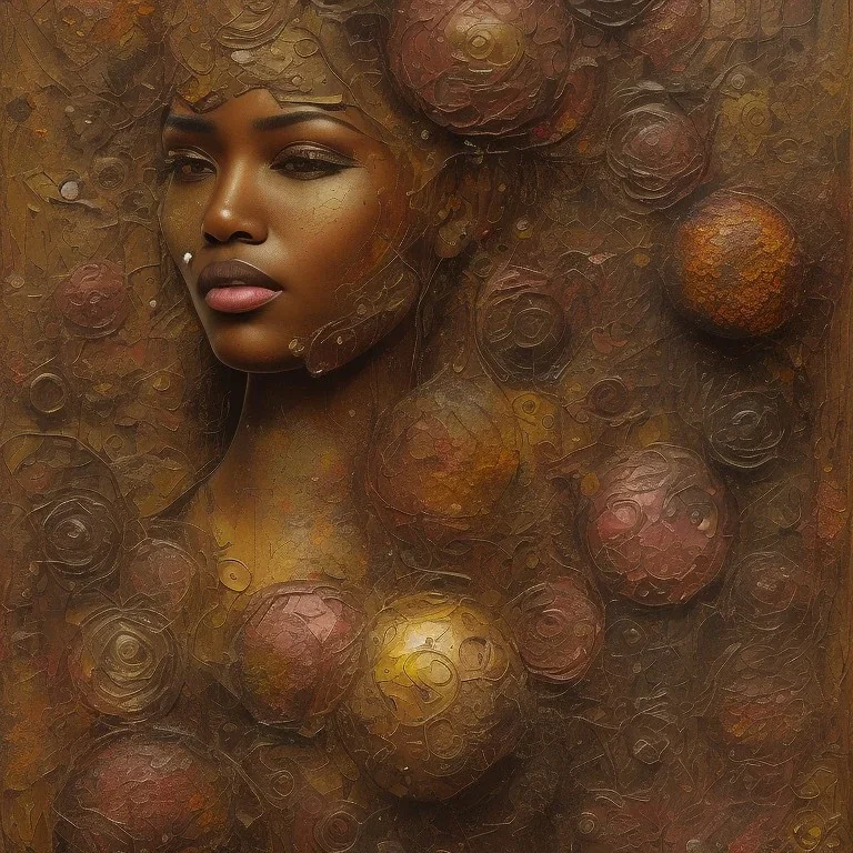 an abstract painting of rusted metal and flowers, african portrait, rust, scaffolding, iron cladding, decay, mixed media, textured, anatomically correct, beautiful perfect face, sharp focus, highly detailed