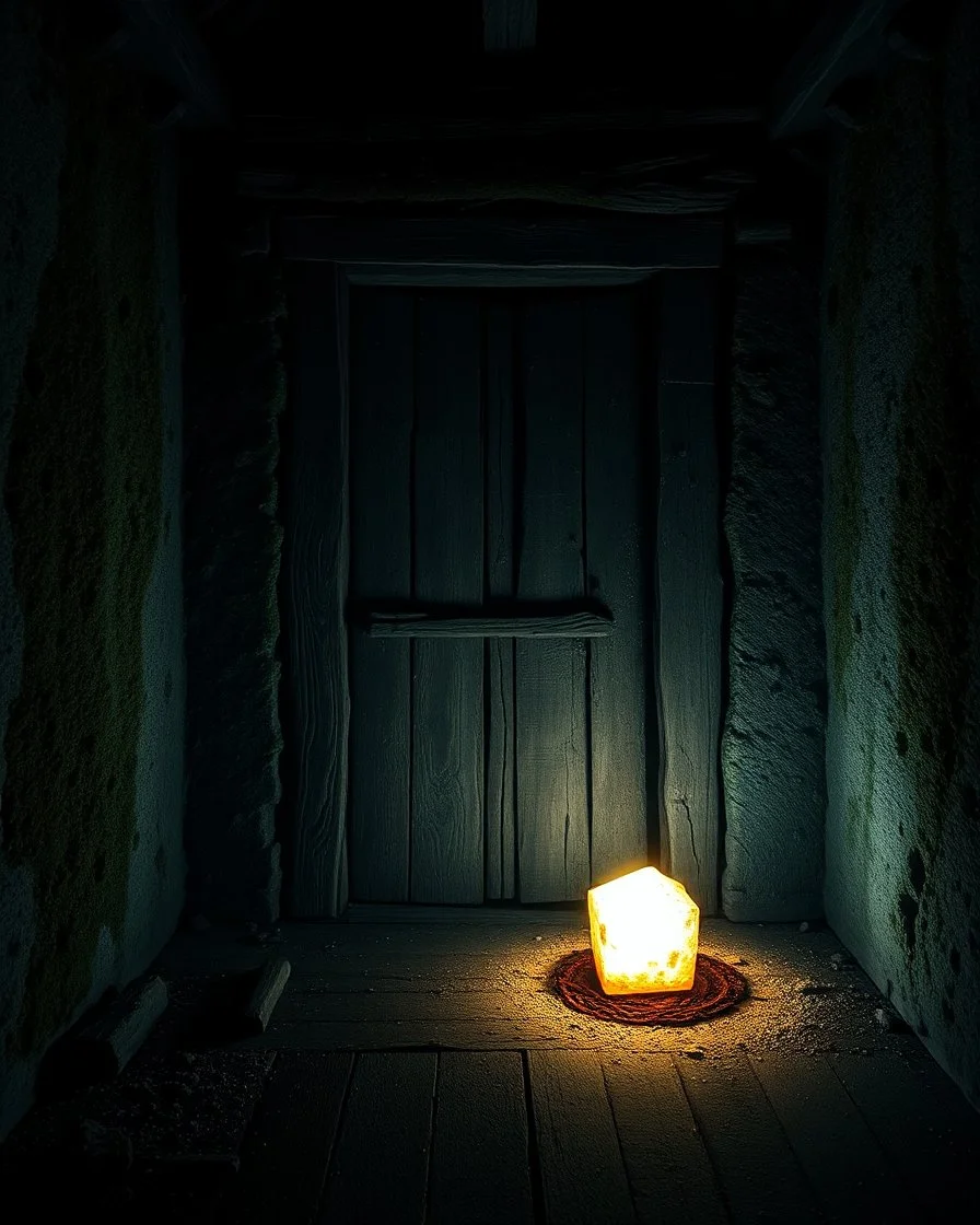 An ancient, weathered door stands in an abandoned house, shrouded in deep, engulfing darkness. The walls are rough and covered in moss and dust, with wooden beams crumbling and floors uneven. The faint light coming from a small particle of the philosopher's stone, placed mysteriously near the door, emits a warm, surreal glow, contrasting with the surrounding darkness. The stone’s light weakly illuminates the nearby area, casting long, eerie shadows. The atmosphere is thick with mystery and tensi