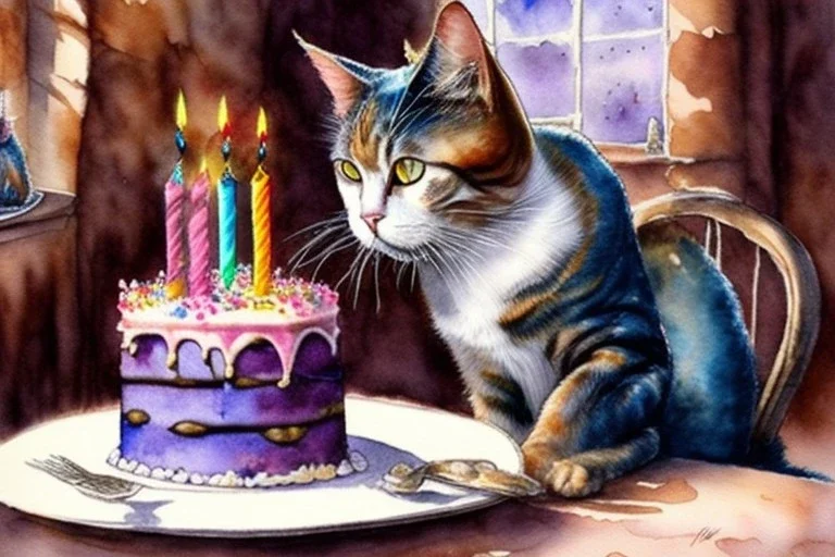 Cat is having a birthday cake.. Highly detailed, smooth colours, realistic landscape. Aquarell