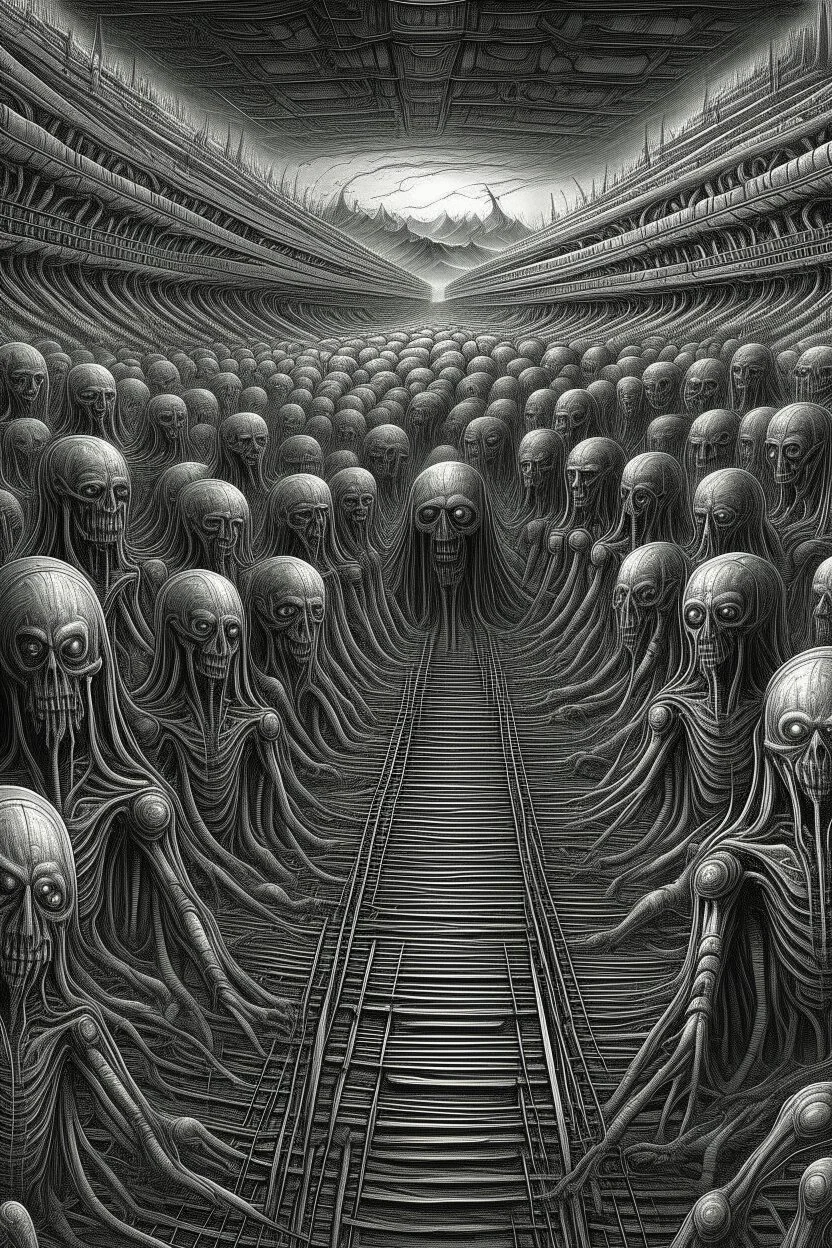 A field of thousands hands , a thin line draw ،front view camera, surreal horror, biomechanical design, by hr giger and beksinski , Busch painting style
