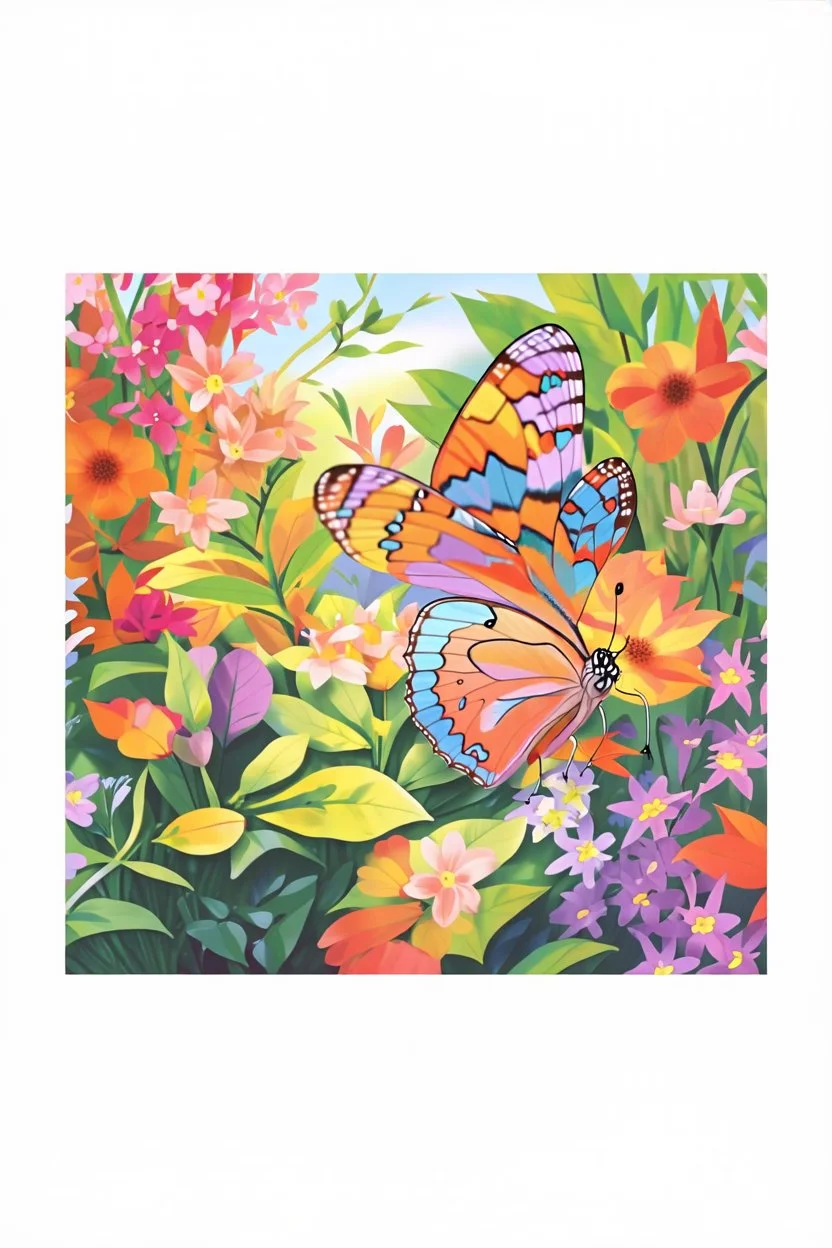 The beautiful butterfly happily sits on a upclose patch of bright green leaves,colorful garden background , child book illustration style, faces must be the same as reference image