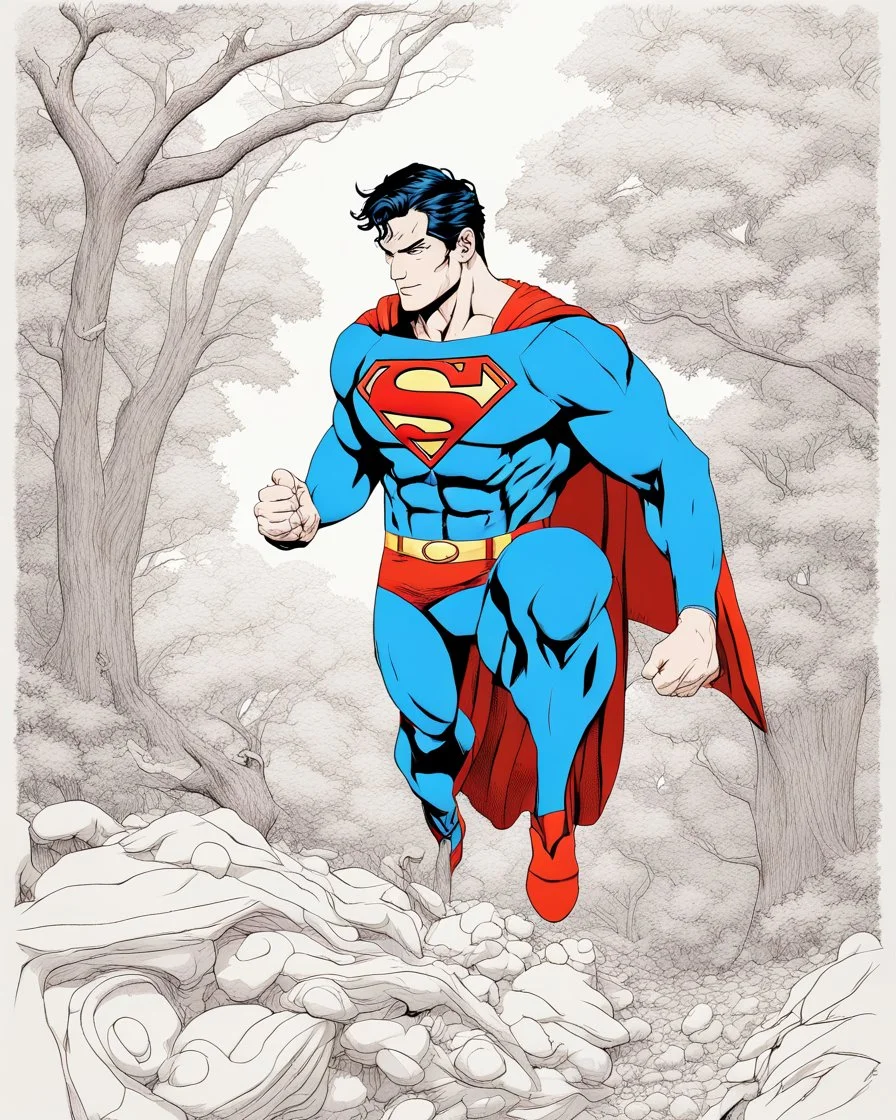 Realistic outline art of Superman. Naruto cinematic lighting, high definition 3D art color pages with witch, realistic forest background, drawing style, full body, using detailed color brain, mandala style, clean line art, white background, no shadows, clear and good