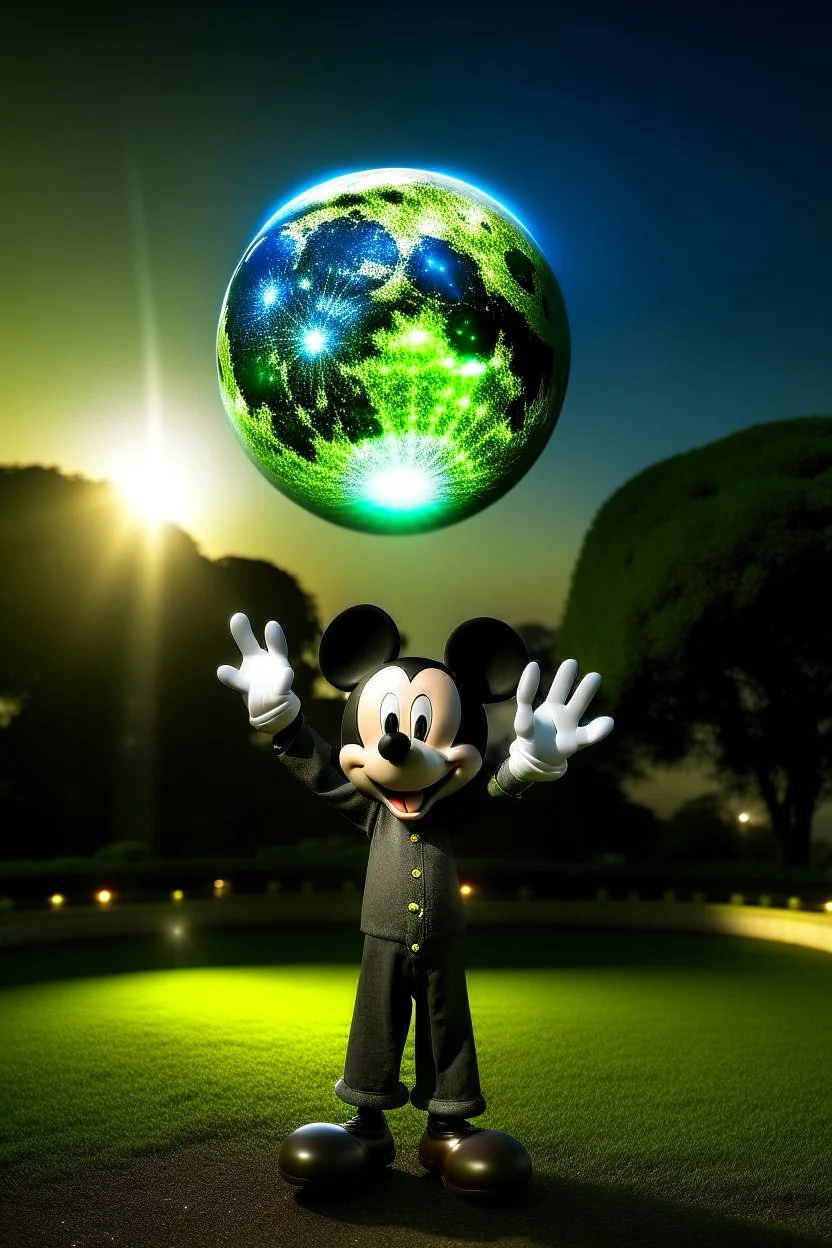 Mickey Mouse with a Supernova above the hand of an Earth person in a developed public park