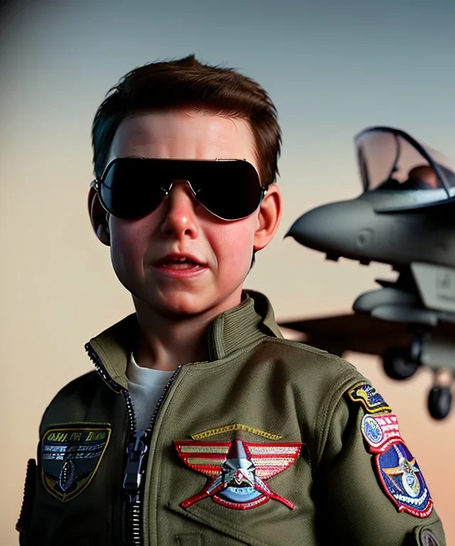 Top gun, Tom cruise toddler, full body, dramatic lighting, hyper realistic