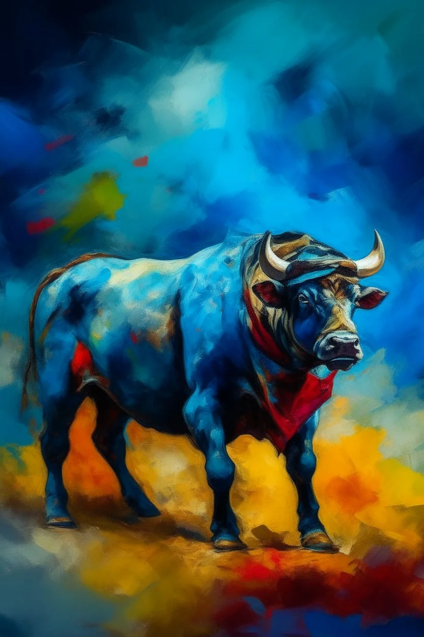 A surreal picture of a Matador , Busch painting style , mystery, anger oil rough brush with thick colors, wearing nucleus with big cross on his chest , blue colors picture with colorful clouds in a bull fighting arena