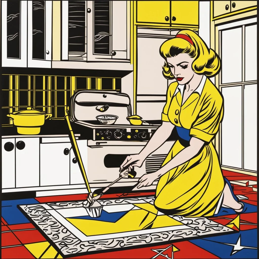 Roy Lichtenstein pop art, house wife in the kitchen drawing a pentagram on the floor preparing for a gnostic ritual.