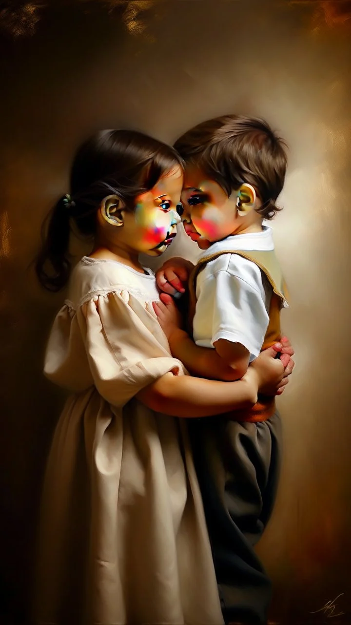Side profile of a baby girl with her Cibeles aspirations behind her standing . Holding her brother hugging with love and compassion ,Busch painting style
