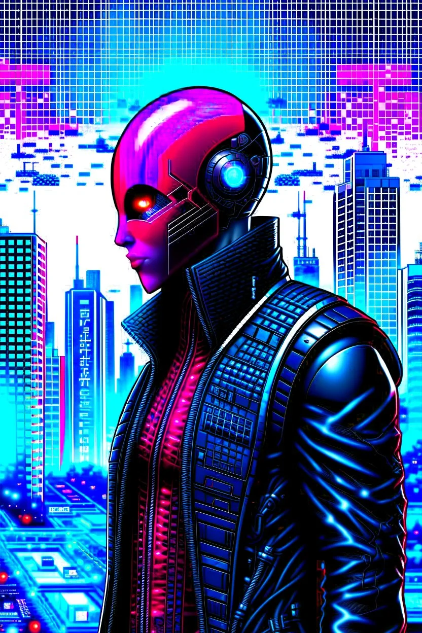 Retrato dibujo de contorno de Dragman, negro y rojo con traje cyberpunk, fondo ciudad