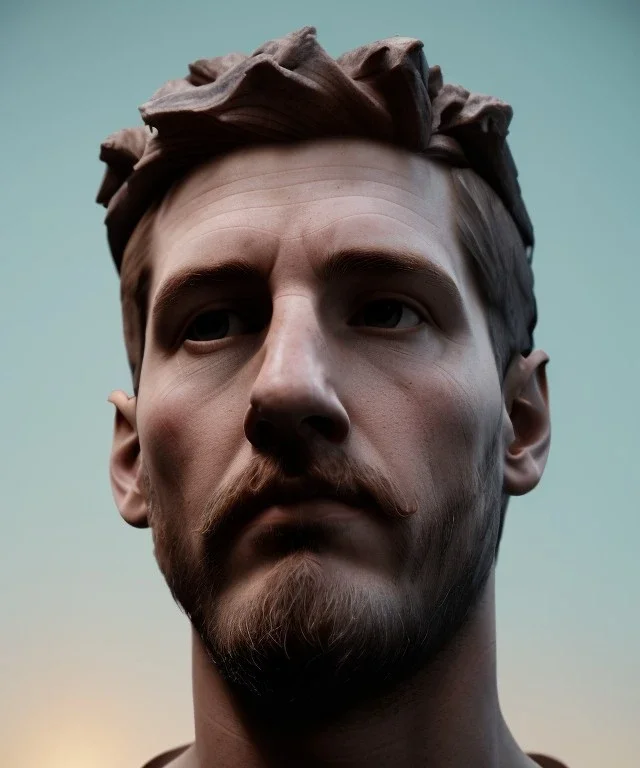 Gran angular, Realistic image, roman sculpture, marble material, Lionel Messi with Laurel wreath model, miguel angel style, emperador, God light, god rays, 4k resolution, perfect details, ornate details, soft lighting, unreal engine 5, soft cyan background.